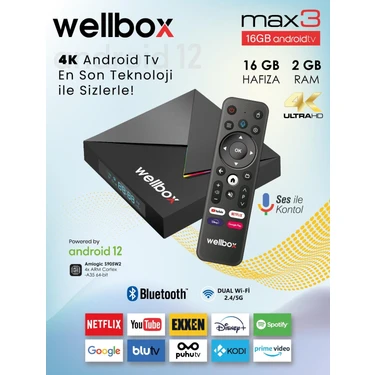 Wellbox Max4 Android TV Box Android 12 Sesli Komut 4gb Ram 32GB