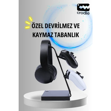 Crodle Siyah Ahşap ve Siyah Metal Gaming Ps4 Ps5 Xbox Joystick Controller Tutucu ve Kulaklık Dikey