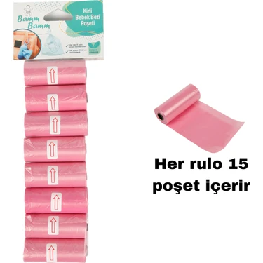 Bamm Bamm Kirli Bebek Bezi Poşeti Çanta Boy Pembe 8 Rulo (120