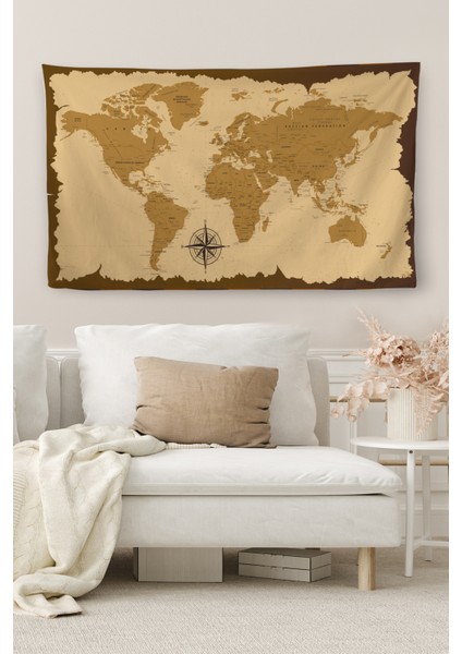 Duvar Örtüsü / Halısı Eskitme Vintage Kanvas Kumaş Dünya HARITASI-3958