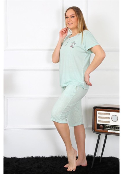 Kadın Büyük Beden Viscon Su Yeşili Kapri Pijama Takım 202193 modelleri