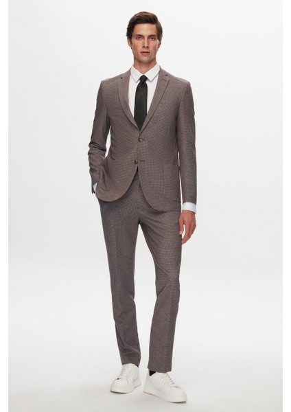 Slim Fit Kahverengi Baskılı Kırışmayan Sihirli Takım Elbise 1HC05IM08577M