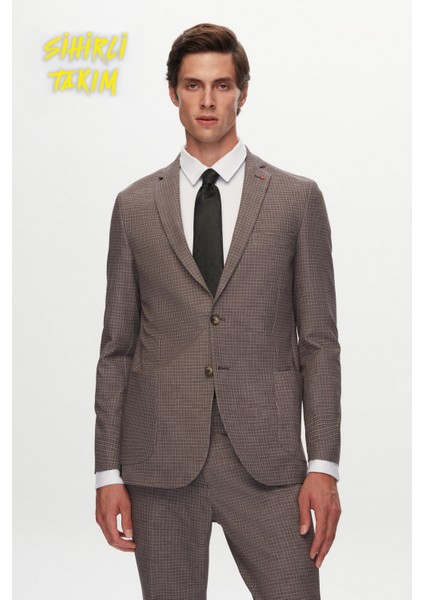 Slim Fit Kahverengi Baskılı Kırışmayan Sihirli Takım Elbise 1HC05IM08577M