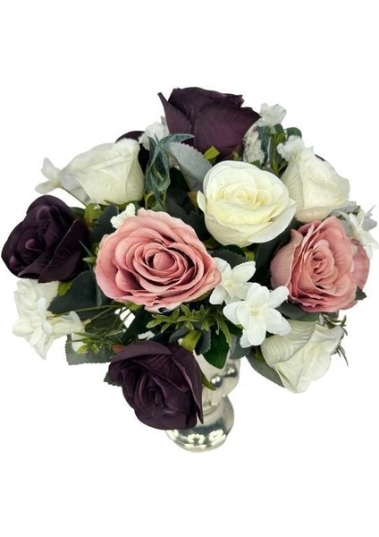 Yapay Çiçek Aranjmanı Büyük Boy Mürdüm Tonlar Gümüş Cam Kupa Vazolu Arajman Nişan Kız Isteme Çiçeği