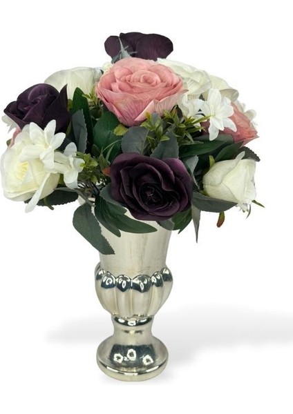 Yapay Çiçek Aranjmanı Büyük Boy Mürdüm Tonlar Gümüş Cam Kupa Vazolu Arajman Nişan Kız Isteme Çiçeği fiyatları