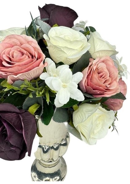 Yapay Çiçek Aranjmanı Büyük Boy Mürdüm Tonlar Gümüş Cam Kupa Vazolu Arajman Nişan Kız Isteme Çiçeği modelleri