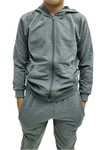 Çocuk Fermuarlı Kapüşonlu Diz Yapmaz Likralı Pamuklu Eşofman Takımı