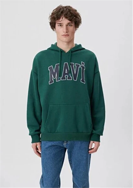 Erkek Mavi Logo Baskılı Kapüşonlu Yeşil Sweatshirt 067149-71874