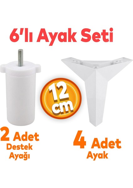 Kale 6'lı Set Mobilya Tv Ünitesi Koltuk Kanepe Destek Ayağı 12 Cm Beyaz Baza Ayakları M8 Civatalı