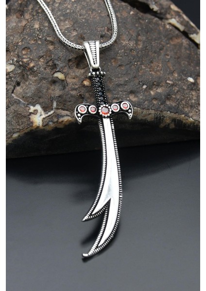 Gümüş Zülfikar Kılıç Figürlü 925 Ayar Erkek Gümüş Kolye Zincir