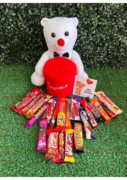 Sevgiliye Hediye Seni Seviyorum Yazılı Kutulu Beyaz Ayıcık ve Kutusunda 20 Çikolata fiyatları