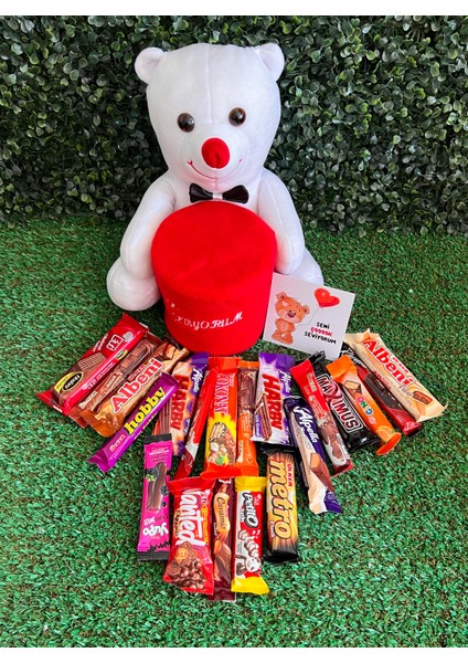 Sevgiliye Hediye Seni Seviyorum Yazılı Kutulu Beyaz Ayıcık ve Kutusunda 20 Çikolata modelleri