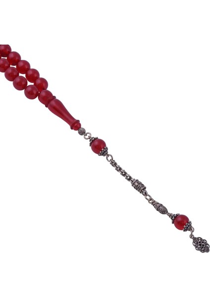Kırmızı Küre Kesim Sıkma Kehribar Tesbih 925 Ayar 7 gr Gümüş Püsküllü fiyatları