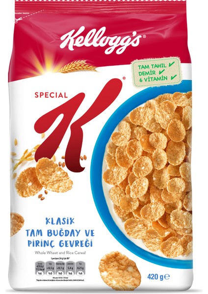 Special K Klasik Kahvaltılık Tam Buğday ve Pirinç Gevreği 420 Gr; Tam Tahıllı; Lif Kaynağı