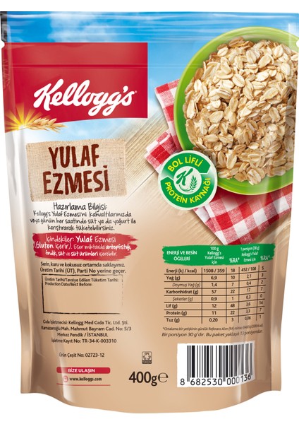 Yulaf Ezmesi 400 Gr; Lif Kaynağı; Protein Kaynağı