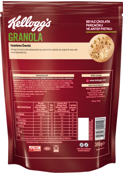 Granola Beyaz Çikolata Parçacıklı ve Antep Fıstıklı 300 Gr; 46% Yulaf İçerir