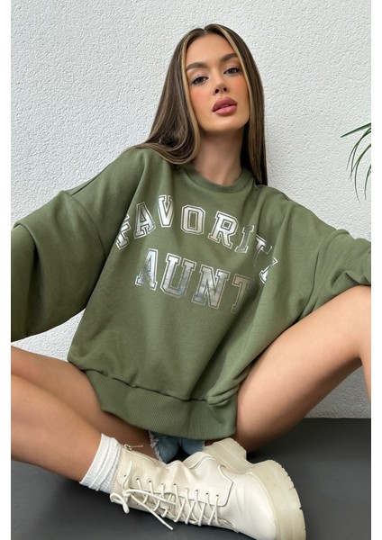 Kadın Oversize Favorite Baskılı Ribanalı Sweatshirt