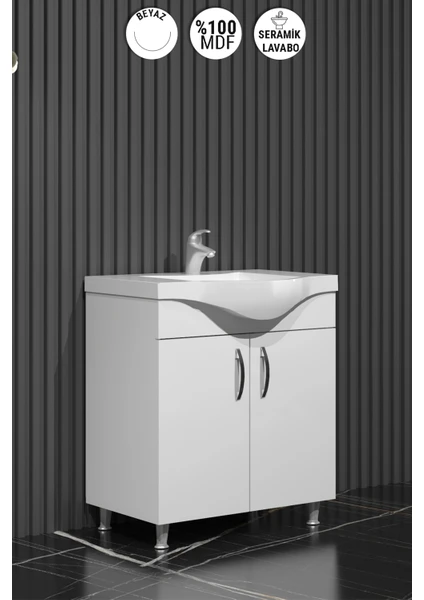 Yıldız Banyo Dolabı 80 cm Ayaklı Beyaz Mdf Alt Modül ve Lavabo