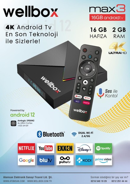 Max3 Android TV Box Android 12 Sesli Komut 2gb Ram 16GB Hafıza