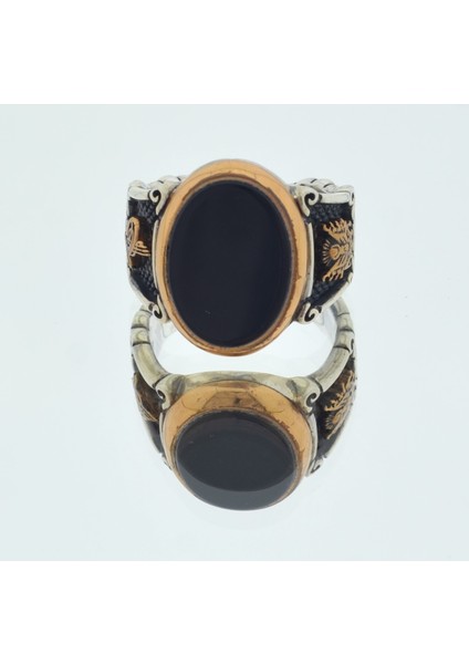 925 Ayar Gümüş Osmanlı Armalı Tuğralı Siyah Taşlı Yüzük MOD52