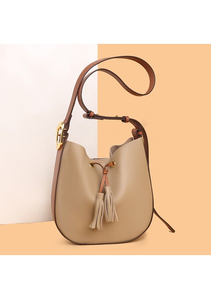 Deri Kadın Çarpma Renk Büyük Kapasiteli Tek Omuz Crossbody Yumuşak Deri Kova Gelgit Çanta (Yurt Dışından)