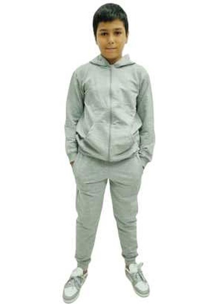 Çocuk Fermuarlı Kapüşonlu Diz Yapmaz Likralı Pamuklu Eşofman Takımı