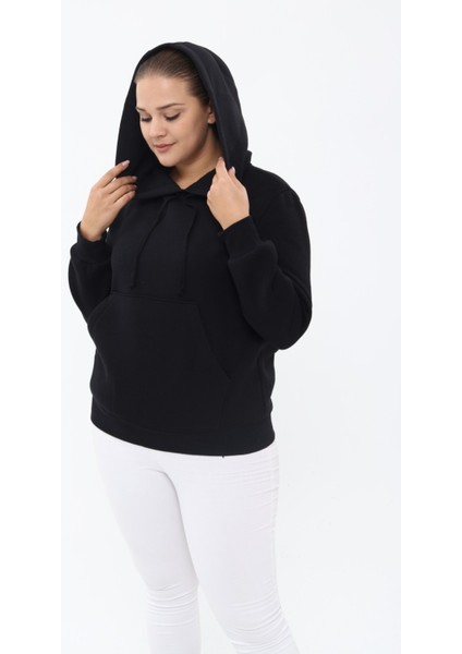 Piano Luce  Kadın Büyük Beden Cepli Kapşonlu Sweatshirt Siyah PLWM23SWT01