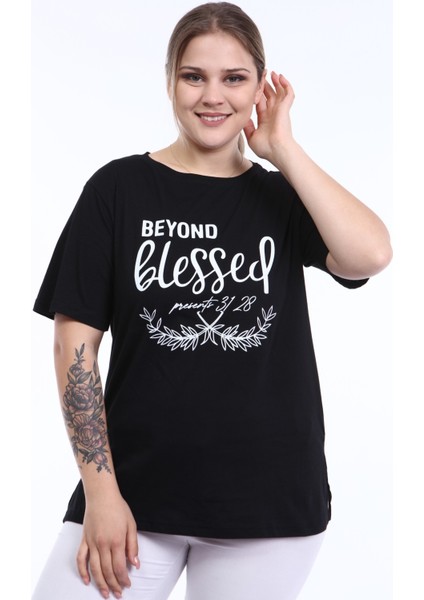 Piano Luce  Kadın Büyük Beden Baskılı Yarım Kol T-Shirt Siyah PLWM21TS007