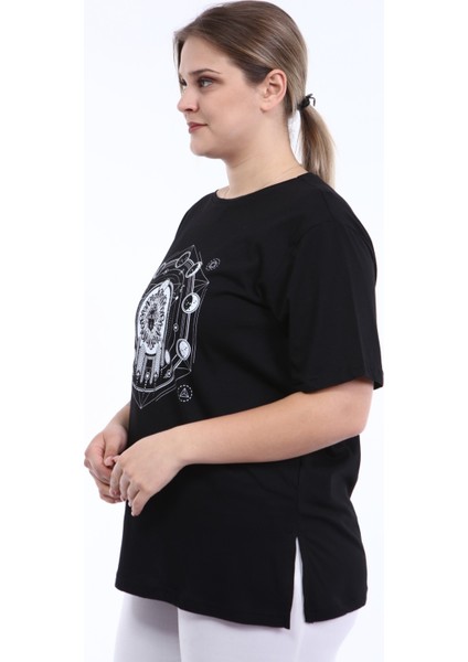 Piano Luce  Kadın Büyük Beden Baskılı Yarım Kol T-Shirt Siyah PLWM21TS010