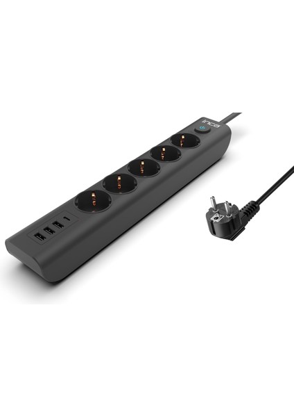 IPW-44TU 5 Port 2x Usb+ Type-C Akım Korumalı LED Tuşlu Priz 1.5m - Siyah
