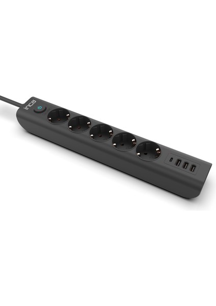 IPW-44TU 5 Port 2x Usb+ Type-C Akım Korumalı LED Tuşlu Priz 1.5m - Siyah
