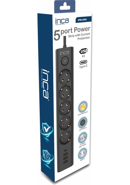 IPW-44TU 5 Port 2x Usb+ Type-C Akım Korumalı LED Tuşlu Priz 1.5m - Siyah