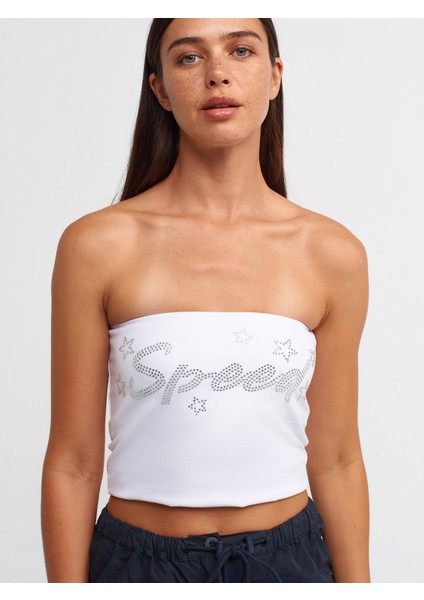 20668 Taş Baskılı Crop Top-Beyaz