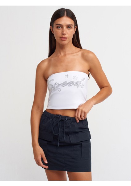 20668 Taş Baskılı Crop Top-Beyaz