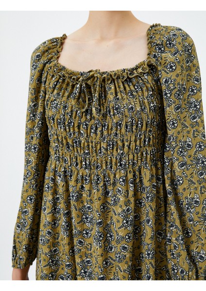 Çiçekli Mini Kışlık Elbise Kare Yaka Uzun Kollu Gipe Detaylı indirimleri