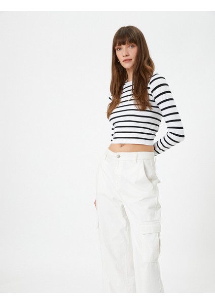 Crop Tişört Uzun Kollu Bisiklet Yaka Slim Fit