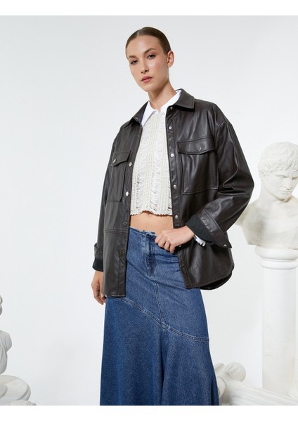 Deri Görünümlü Ceket Cep Detaylı Çıtçıt Düğmeli Gömlek Yaka fiyatları