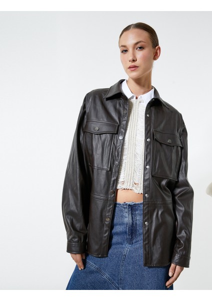 Deri Görünümlü Ceket Cep Detaylı Çıtçıt Düğmeli Gömlek Yaka modelleri