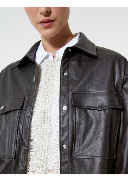 Deri Görünümlü Ceket Cep Detaylı Çıtçıt Düğmeli Gömlek Yaka indirimleri