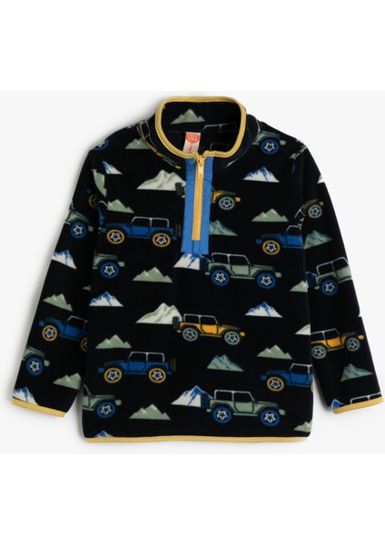 Sweatshirt Dik Yaka Yarım Fermuarlı Uzun Kollu Baskı Detaylı Şardonlu