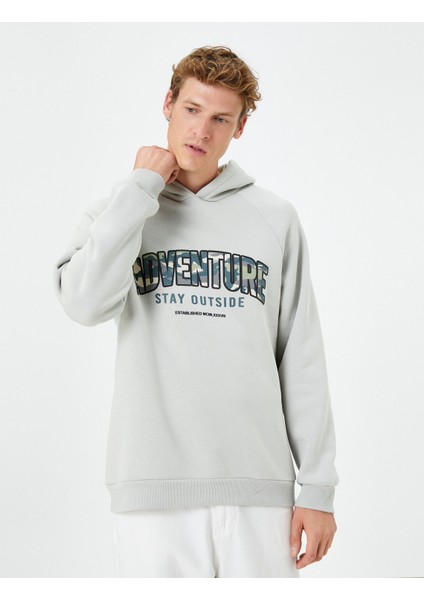 Kapşonlu Sweatshirt Slogan Baskılı Uzun Kollu Ribanalı