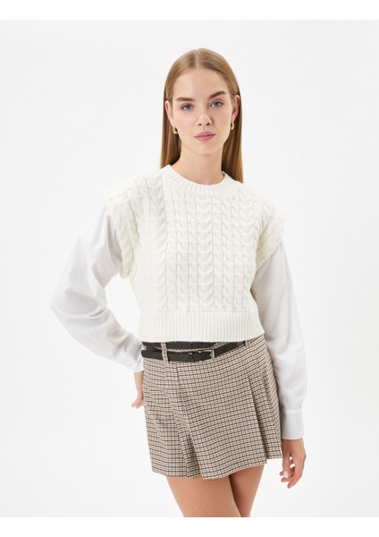 Triko Süveter Detaylı Tunik Çift Kumaş Uzun Kollu Yuvarlak Yaka