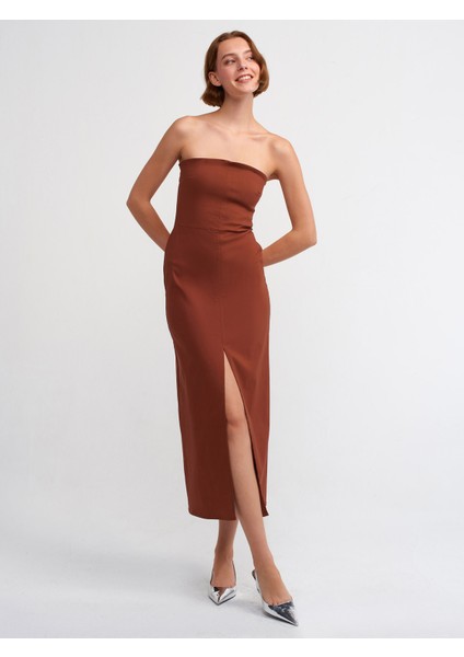 90758 Straplez Elbise-Kahve