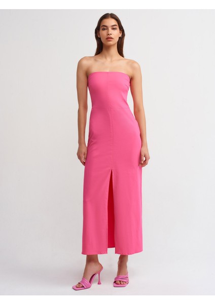 90758 Yırtmaçlı Straplez Elbise-Pembe