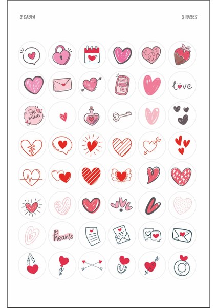 Sevgili Günü Kalp Temalı Sticker Seti 96'li Etiket 2 Sayfa