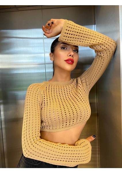 Kadın Ajurlu Örme Crop Kesim Kazak fırsatları