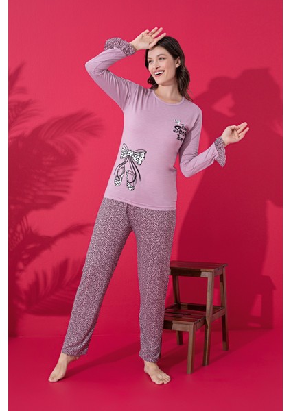 Farya Home Dreamy Pamuklu Uzun Kollu Leopar Desenli Kadın Pijama Takımı