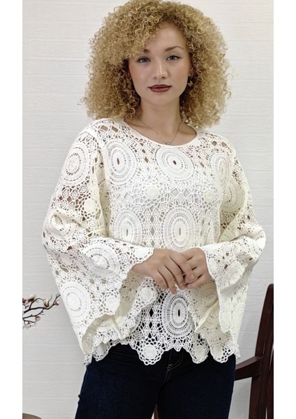 Ispanyol Kol Örgü Desenli Triko Bluz