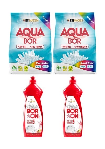 Aquabor Toz Çamaşır Deterjanı 6 kg X2 Renkliler + Boron Elde Bulaşık X2