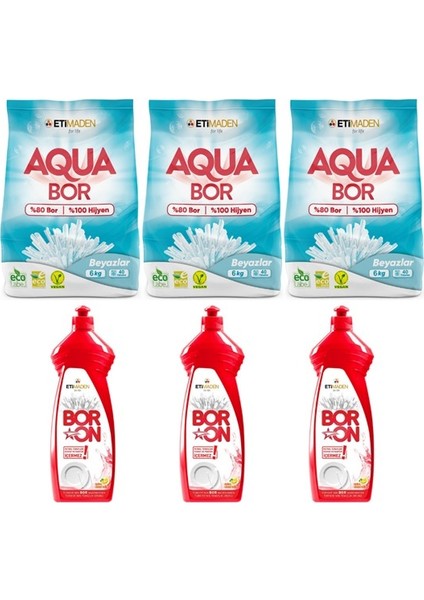 Aquabor Toz Çamaşır Deterjanı 6 kg X3 Beyazlar + Boron Elde Bulaşık X3